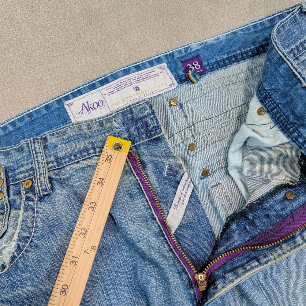 Akoo Y2K Streetwear Distressed Straight Leg Jeans 38 Blue Cotton Studded Wing - Picture 4 of 16